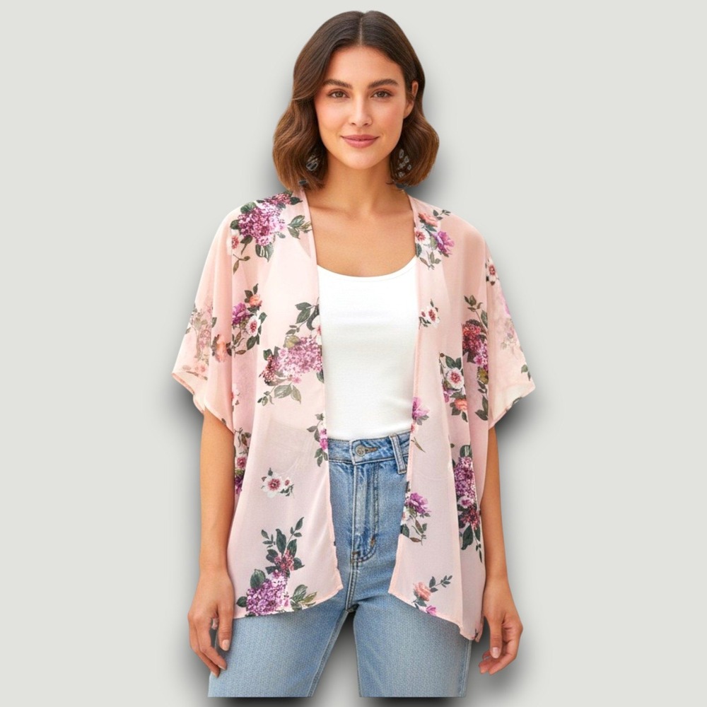 Joe Boxer Womens Kimono Cardigan L Pink Floral Chiffon Sheer Open Front Boho